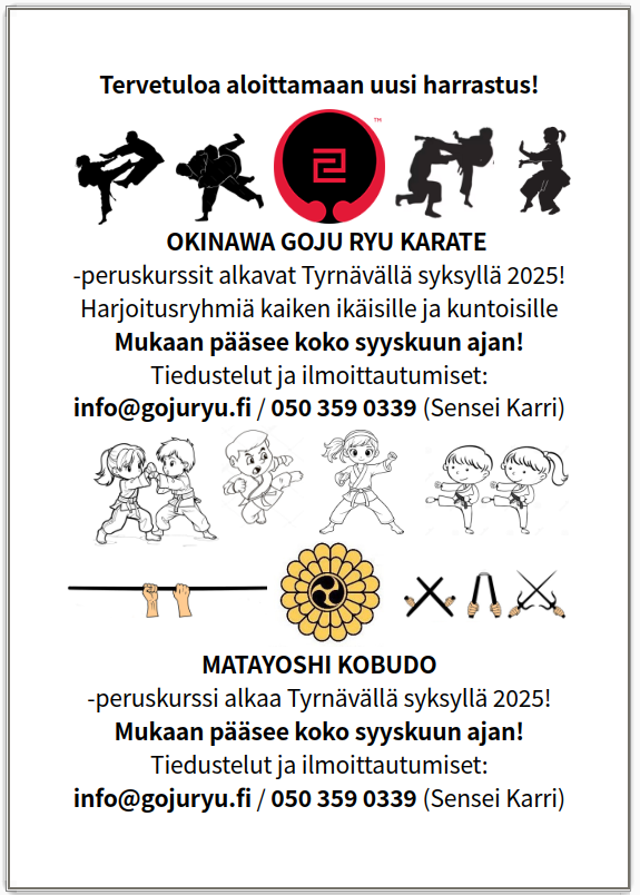 Goju-ryu karaten ja Matayoshi kobudon peruskurssit alkavat Tyrnävällä syksyllä 2025